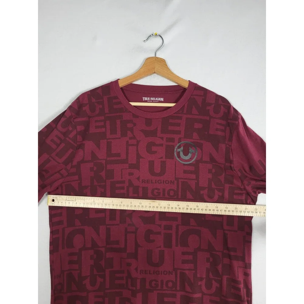 True Religion Long Sleeve T-Shirt Mens XL Burgundy All Over Logo Print Tee Y2K